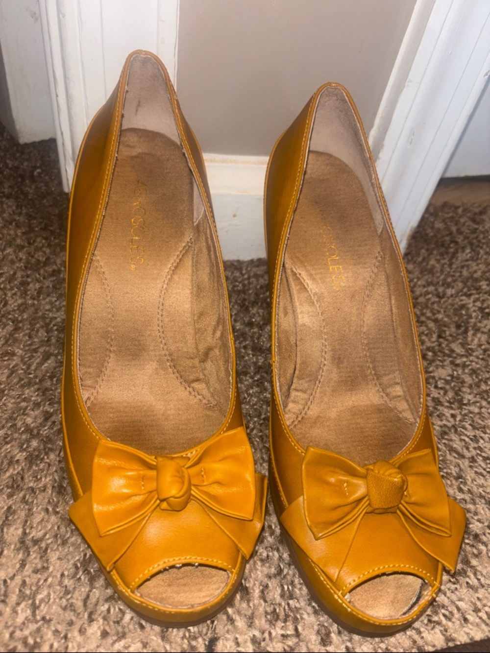 Mustard Yellow Peep-Toe Wedge Heels with Bow Accent